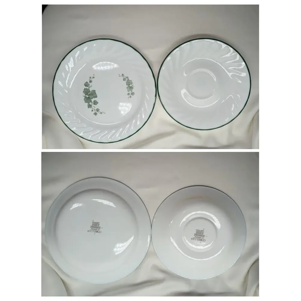 Set of 8 Corelle Callaway Ivy Dessert Salad - Saucers Plates Swirl Green Rim
